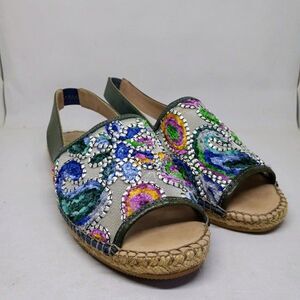 Gaimo Size 7 Open Toe Espadrilles-Embroidered Floral Vamp-Leather Sole & Strap